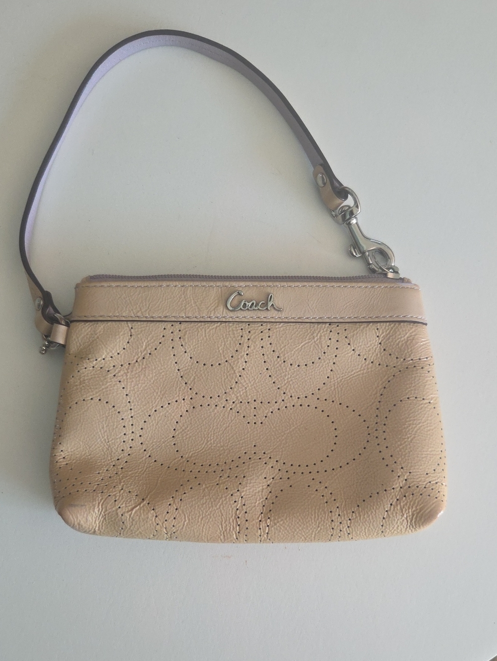 Coach Beige Leather Wristlet with Perforated Signature Design